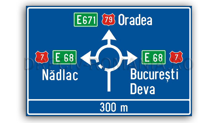 Presemnalizarea direcțiilor într-o intersecție cu sens giratoriu
